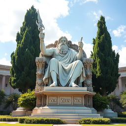 A majestic statue of Zeus, depicted as a powerful and imposing figure, seated on a grand throne adorned with intricate carvings