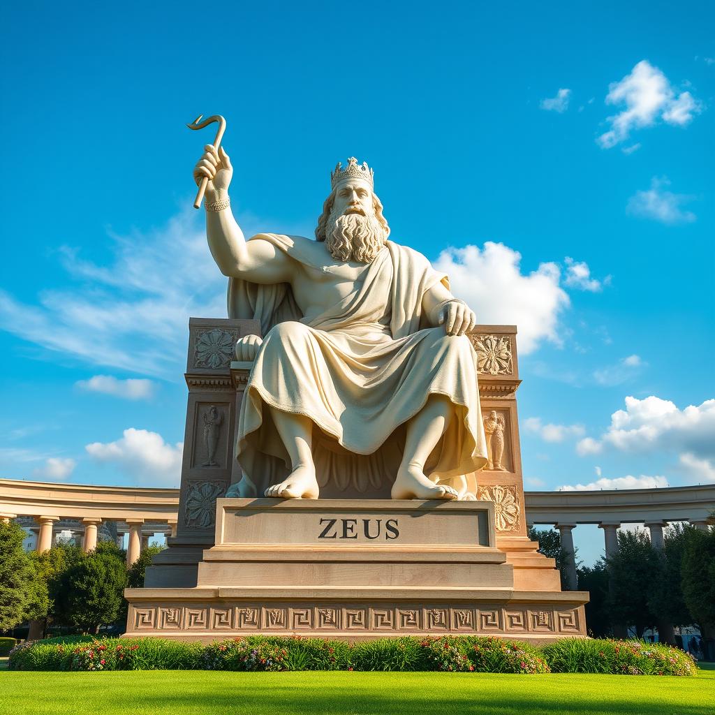 A majestic statue of Zeus, depicted as a powerful and imposing figure, seated on a grand throne adorned with intricate carvings