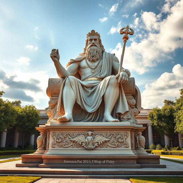 A majestic statue of Zeus, depicted as a powerful and imposing figure, seated on a grand throne adorned with intricate carvings