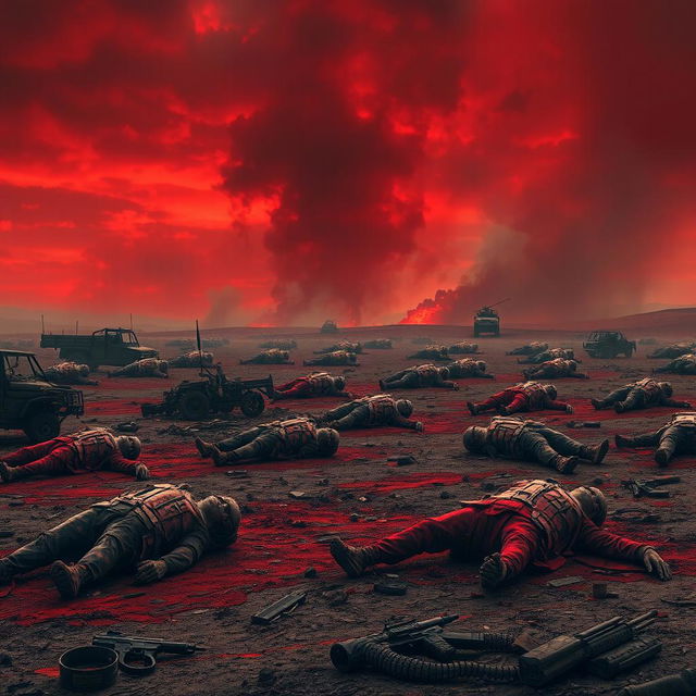 A dramatic battlefield scene depicting corpses lying on the ground, emphasizing a strong color palette of red, symbolizing blood and the chaos of war