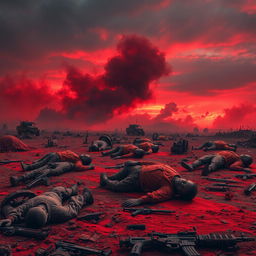 A dramatic battlefield scene depicting corpses lying on the ground, emphasizing a strong color palette of red, symbolizing blood and the chaos of war