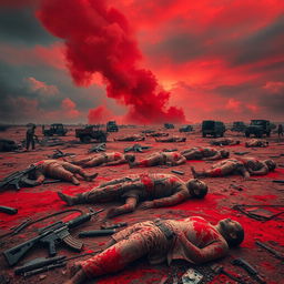 A dramatic battlefield scene depicting corpses lying on the ground, emphasizing a strong color palette of red, symbolizing blood and the chaos of war