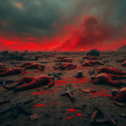 A dramatic battlefield scene depicting corpses lying on the ground, emphasizing a strong color palette of red, symbolizing blood and the chaos of war