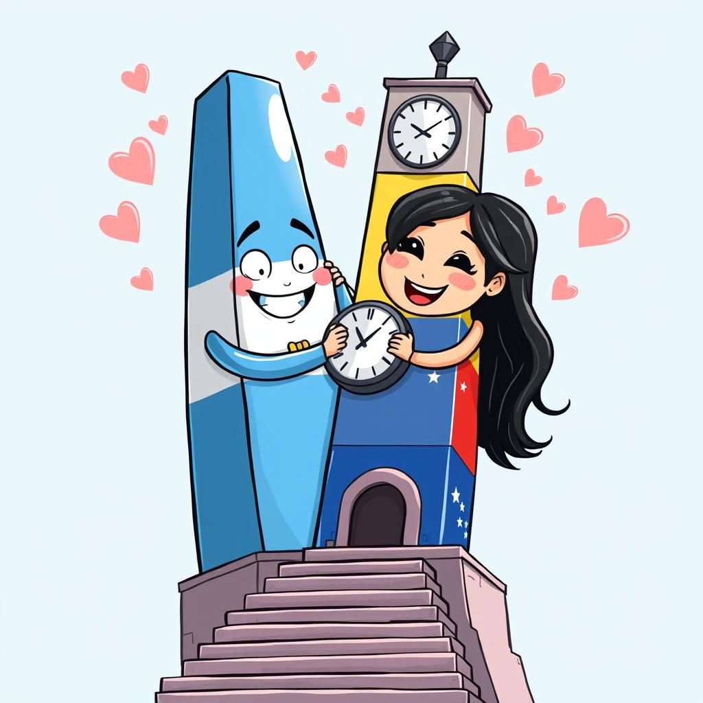 A charming and animated scene depicting the Obelisco de Buenos Aires and the Obelisco de Barquisimeto happily embracing, showcasing their love