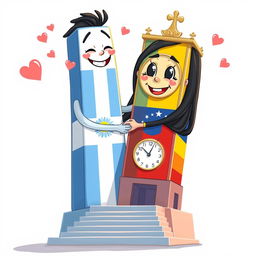 A charming and animated scene depicting the Obelisco de Buenos Aires and the Obelisco de Barquisimeto happily embracing, showcasing their love