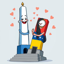 A charming and animated scene depicting the Obelisco de Buenos Aires and the Obelisco de Barquisimeto happily embracing, showcasing their love