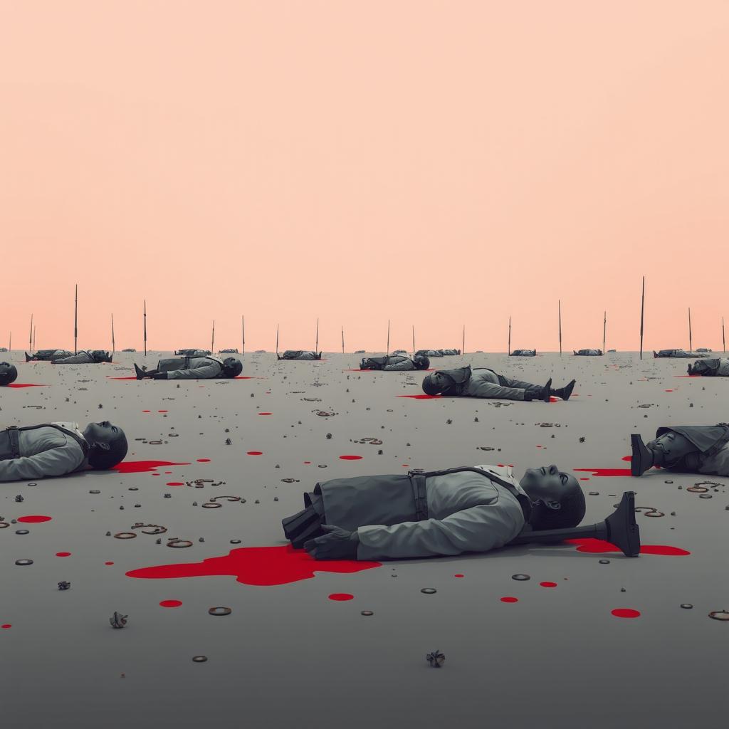 A minimalistic battlefield scene featuring corpses lying on the ground, with a simple background emphasizing a dominant color scheme of red, representing blood