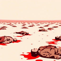 A minimalistic battlefield scene featuring corpses lying on the ground, with a simple background emphasizing a dominant color scheme of red, representing blood