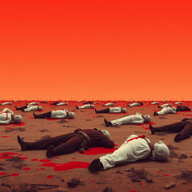 A minimalistic battlefield scene featuring corpses lying on the ground, with a simple background emphasizing a dominant color scheme of red, representing blood