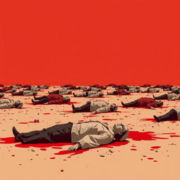 A minimalistic battlefield scene featuring corpses lying on the ground, with a simple background emphasizing a dominant color scheme of red, representing blood