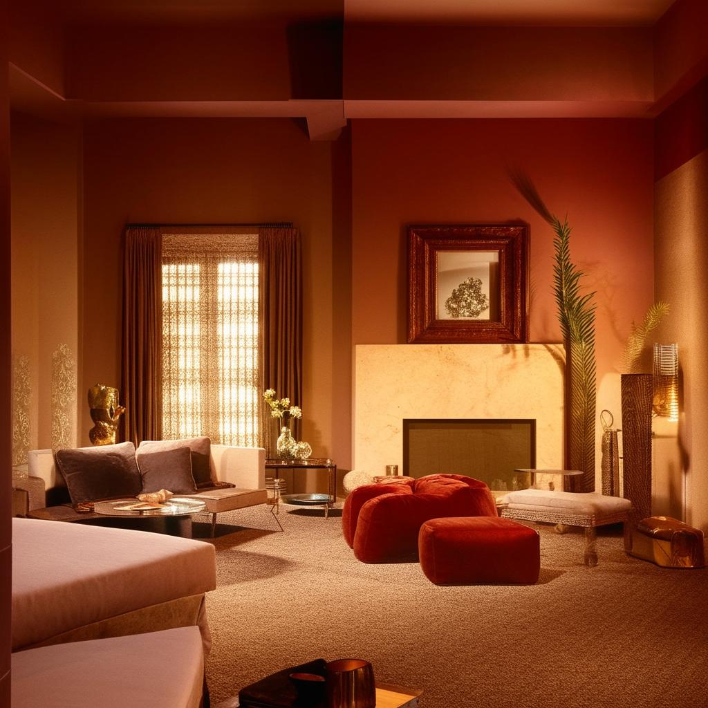 An elegantly decorated room with fashionable items, warm lighting, and well-placed furniture