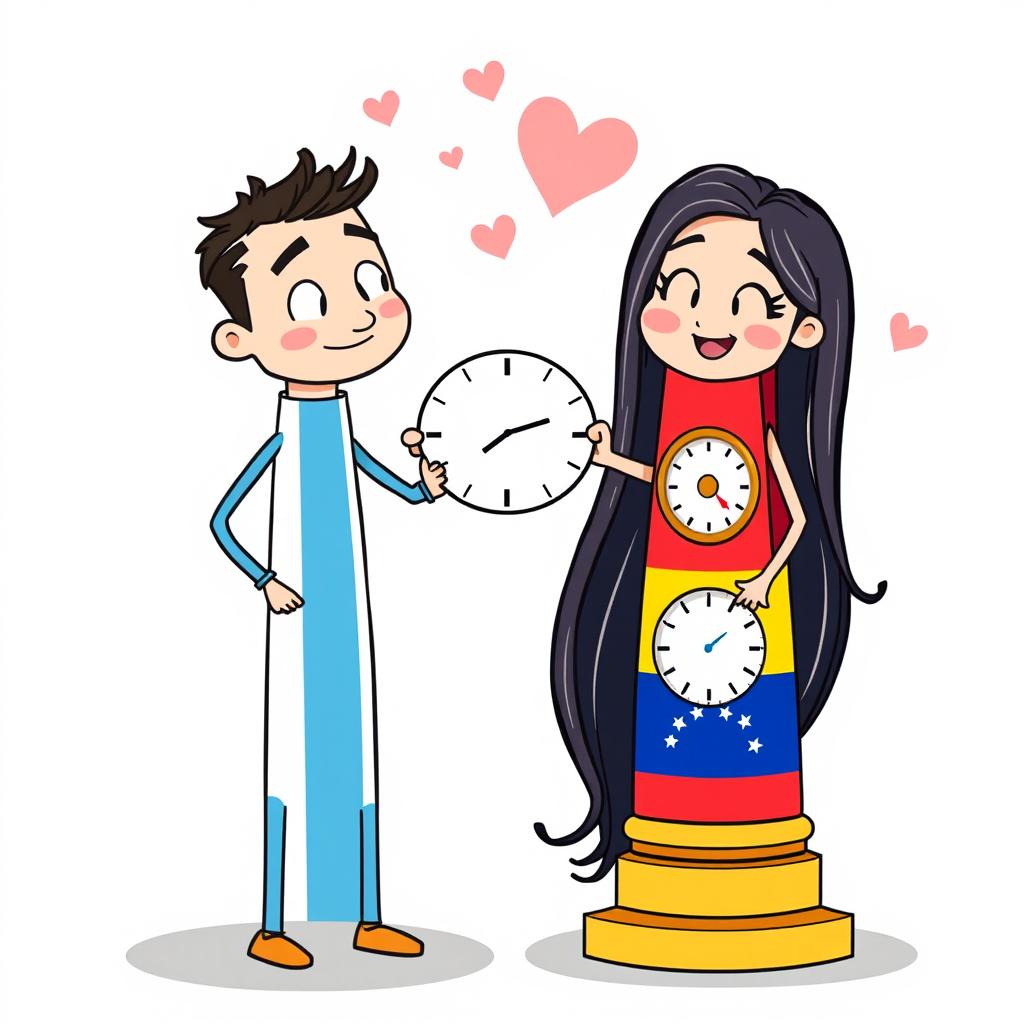 A whimsical, animated scene featuring the iconic Obelisco of Buenos Aires, Argentina, personified as a charming male character, and the Obelisco of Barquisimeto, Venezuela, personified as a lovely female character