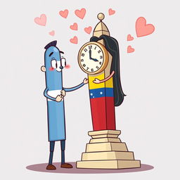 A whimsical, animated scene featuring the iconic Obelisco of Buenos Aires, Argentina, personified as a charming male character, and the Obelisco of Barquisimeto, Venezuela, personified as a lovely female character