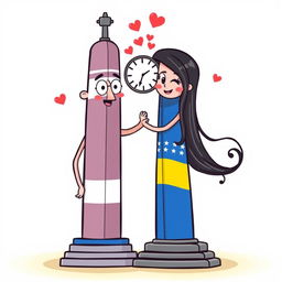 A whimsical, animated scene featuring the iconic Obelisco of Buenos Aires, Argentina, personified as a charming male character, and the Obelisco of Barquisimeto, Venezuela, personified as a lovely female character