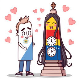 A whimsical, animated scene featuring the iconic Obelisco of Buenos Aires, Argentina, personified as a charming male character, and the Obelisco of Barquisimeto, Venezuela, personified as a lovely female character