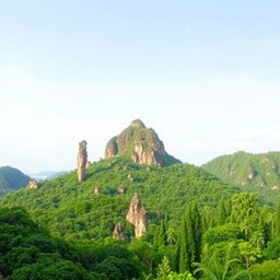 A scenic view of Biak na Bato, featuring its iconic rock formations and lush greenery, set against a simple, unobtrusive background