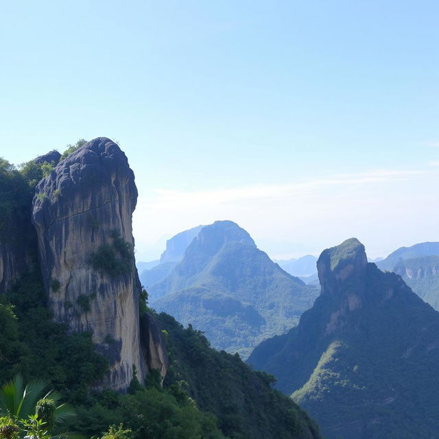 A scenic view of Biak na Bato, featuring its iconic rock formations and lush greenery, set against a simple, unobtrusive background