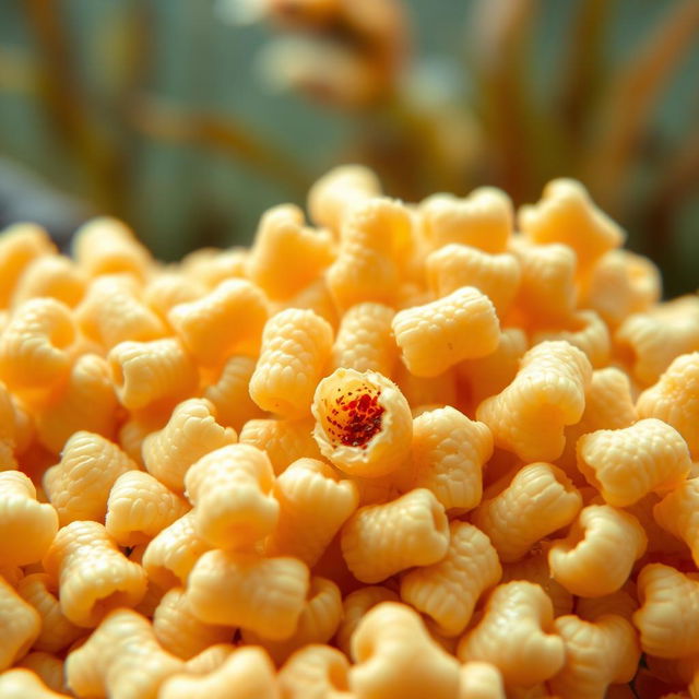 An intricate close-up shot of extruded fish feed pellets, showcasing their unique shapes and textures, with some pellets broken open to reveal their colorful insides