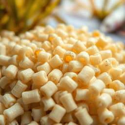 An intricate close-up shot of extruded fish feed pellets, showcasing their unique shapes and textures, with some pellets broken open to reveal their colorful insides