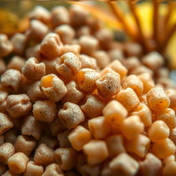 An intricate close-up shot of extruded fish feed pellets, showcasing their unique shapes and textures, with some pellets broken open to reveal their colorful insides