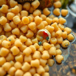 An intricate close-up shot of extruded fish feed pellets, showcasing their unique shapes and textures, with some pellets broken open to reveal their colorful insides