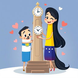 A whimsical, animated scene featuring the iconic Obelisco of Buenos Aires, Argentina, depicted as a charming male character, and the Obelisco of Barquisimeto, Venezuela, represented as a lovely female character