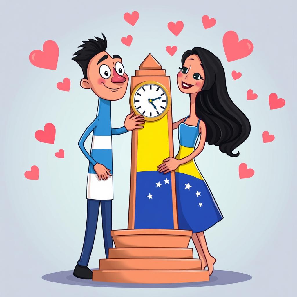 A whimsical, animated scene featuring the iconic Obelisco of Buenos Aires, Argentina, depicted as a charming male character, and the Obelisco of Barquisimeto, Venezuela, represented as a lovely female character