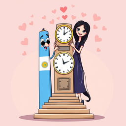 A whimsical, animated scene featuring the iconic Obelisco of Buenos Aires, Argentina, depicted as a charming male character, and the Obelisco of Barquisimeto, Venezuela, represented as a lovely female character