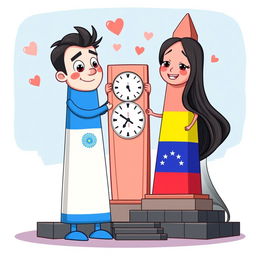 A whimsical, animated scene featuring the iconic Obelisco of Buenos Aires, Argentina, depicted as a charming male character, and the Obelisco of Barquisimeto, Venezuela, represented as a lovely female character