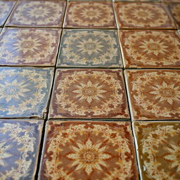 A close-up view of old vintage floor tiles, displaying intricate, faded patterns in earthy tones of brown, blue, and green