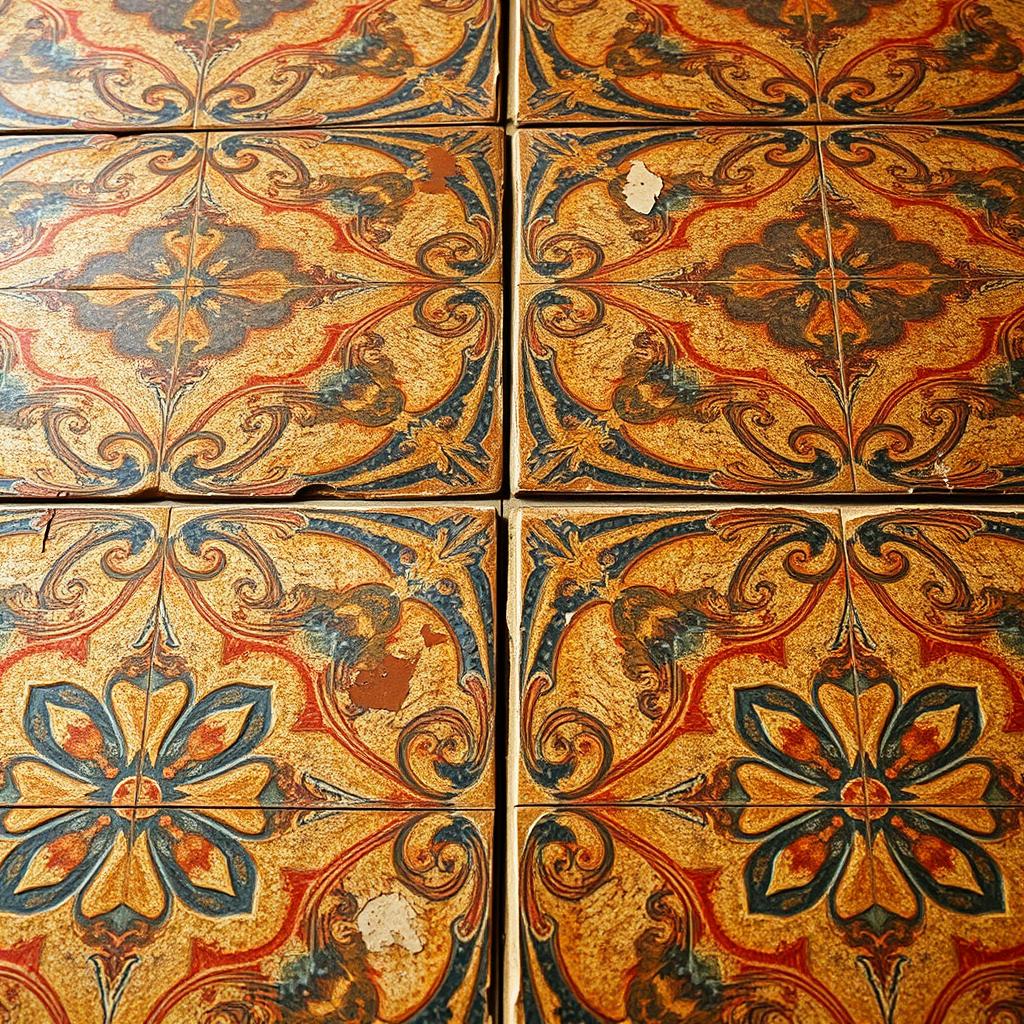 A close-up view of old vintage floor tiles, displaying intricate, faded patterns in earthy tones of brown, blue, and green