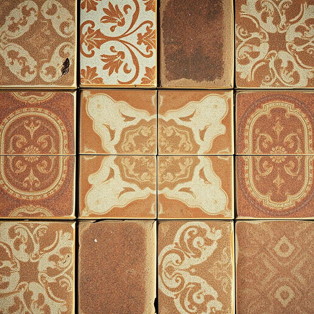 A close-up view of old vintage floor tiles, displaying intricate, faded patterns in earthy tones of brown, blue, and green