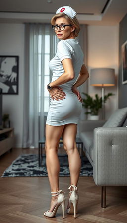 A European modern woman in her 40s, embodying the role of a nurse, with a fit body characterized by large breasts and a large ass