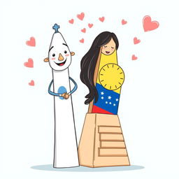 A whimsical scene featuring two animated obelisks embodying personality and romance