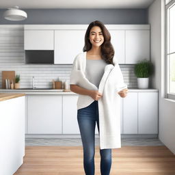 A high-resolution digital art image of a woman standing in a modern kitchen, holding a fabric cleaning towel