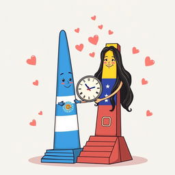 A whimsical scene featuring two animated obelisks embodying personality and romance