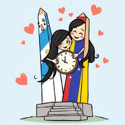 A whimsical scene featuring two animated obelisks embodying personality and romance