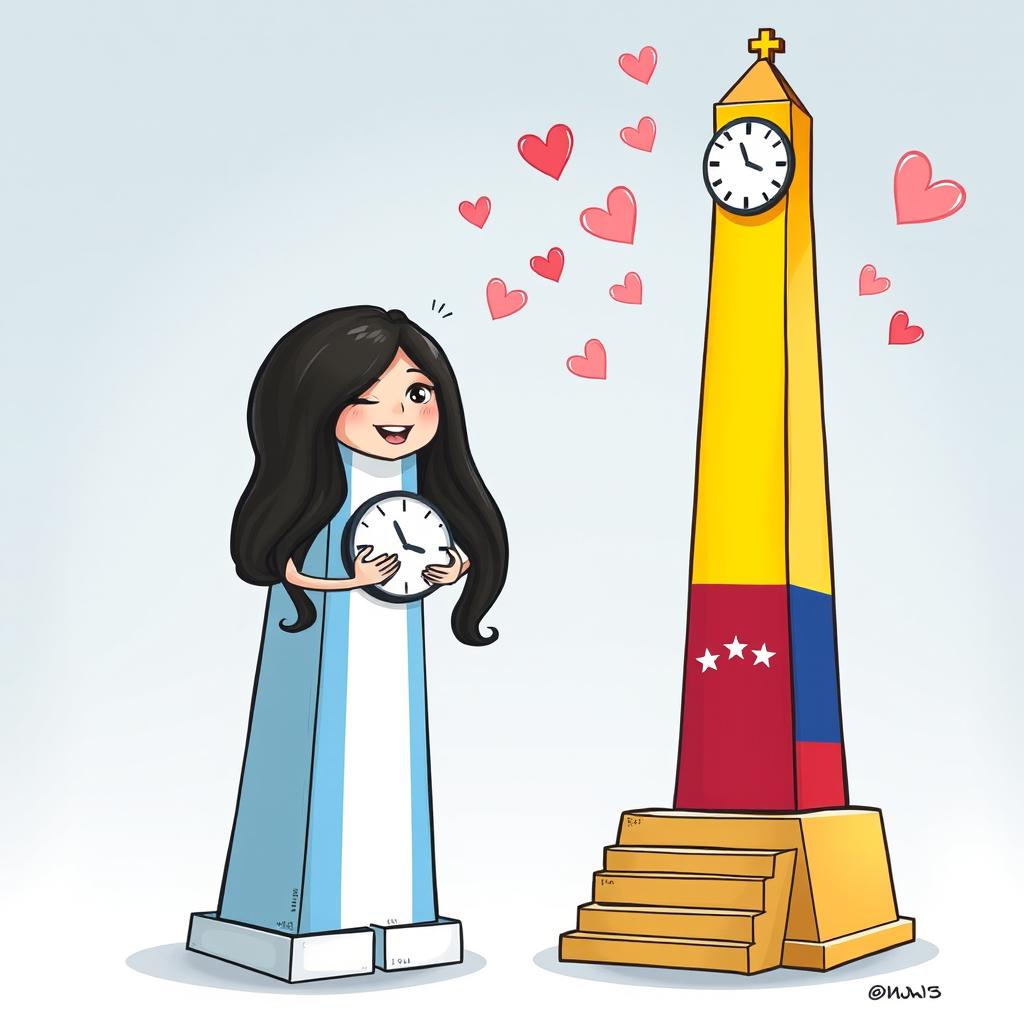 A whimsical scene featuring two animated obelisks embodying personality and romance