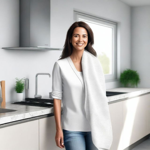 A high-resolution digital art image of a woman standing in a modern kitchen, holding a fabric cleaning towel