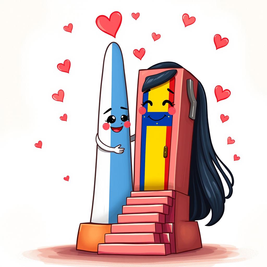 A whimsical and colorful scene featuring the Obelisco de Buenos Aires as a male figure, and the Obelisco de Barquisimeto as a female figure, both animated and anthropomorphic with eyes, noses, mouths, and adorable, loving smiles