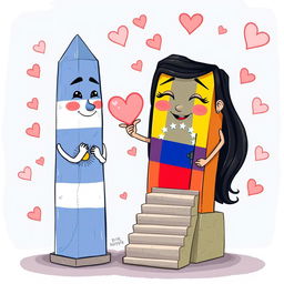 A whimsical and colorful scene featuring the Obelisco de Buenos Aires as a male figure, and the Obelisco de Barquisimeto as a female figure, both animated and anthropomorphic with eyes, noses, mouths, and adorable, loving smiles