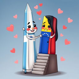 A whimsical and colorful scene featuring the Obelisco de Buenos Aires as a male figure, and the Obelisco de Barquisimeto as a female figure, both animated and anthropomorphic with eyes, noses, mouths, and adorable, loving smiles