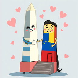 A whimsical and colorful scene featuring the Obelisco de Buenos Aires as a male figure, and the Obelisco de Barquisimeto as a female figure, both animated and anthropomorphic with eyes, noses, mouths, and adorable, loving smiles