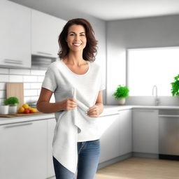 A high-resolution digital art image of a woman standing in a modern kitchen, holding a fabric cleaning towel