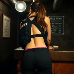 A close-up shot from behind showcasing a brunette woman with a ponytail under a black cap, bending over a counter