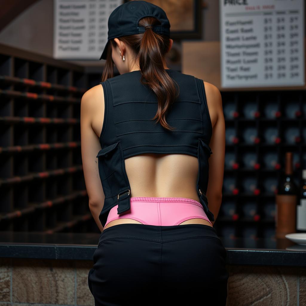 A close-up shot from behind of a brunette woman with a ponytail under a black cap, bending over a counter