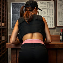 A close-up shot from behind of a brunette woman with a ponytail under a black cap, bending over a counter