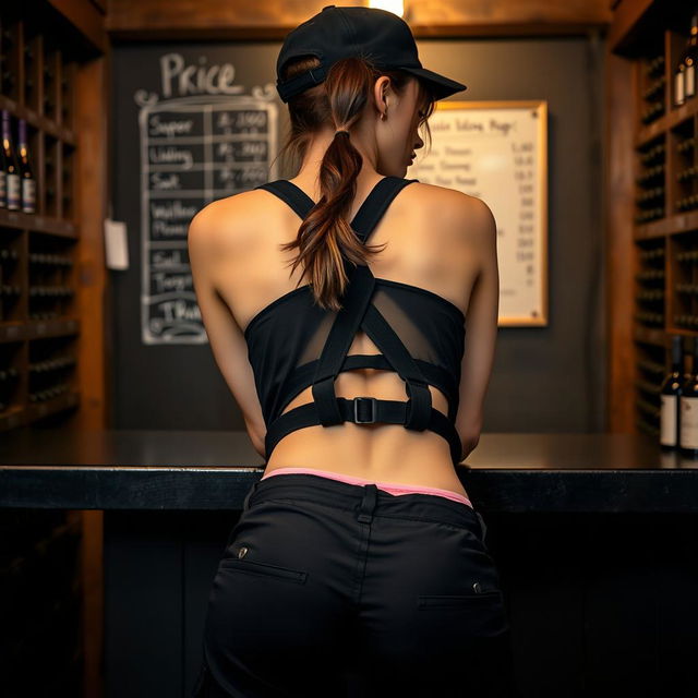 A close-up shot from behind of a brunette woman with a ponytail under a black cap, bending over a counter