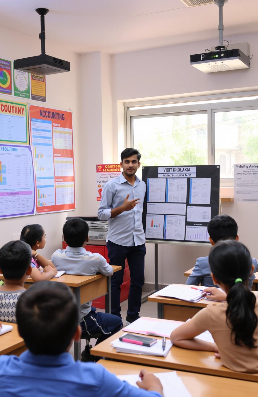 An educational scene depicting a high school accountancy project presentation by a student named Vidit Dholakia from class 12th C