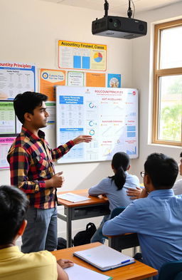 An educational scene depicting a high school accountancy project presentation by a student named Vidit Dholakia from class 12th C